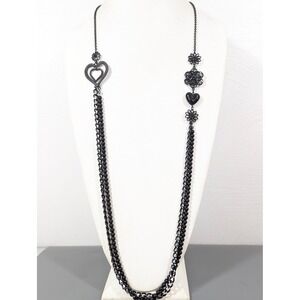 Black Gunmetal Edge‎ Chain Heart Pendant Necklace Long Statement 46 Inch